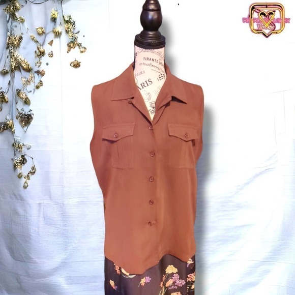 Vintage 1960's Funky Polyester Sleeveless Brown Collared Button Up Shirt - Picture 5 of 6